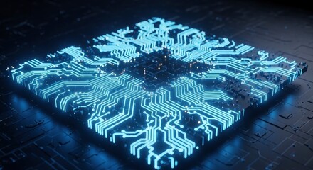 A luminous blue digital circuit board or chip with intricate glowing pathways and components on a dark textured technological surface depicted with a futuristic aesthetic