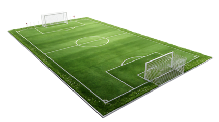Aerial view of a vibrant green soccer field isolated on transparent background