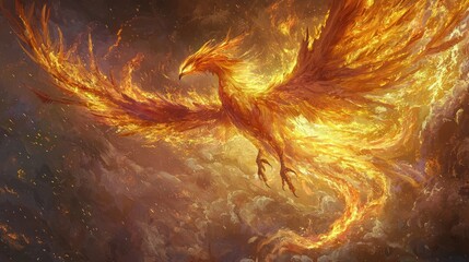 Majestic Phoenix Rising from Ashes in a Fiery, Emblazoned Ascent.