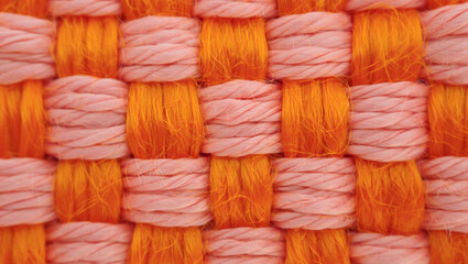 This close-up image showcases a vibrant woven texture using orange and pale pink threads.