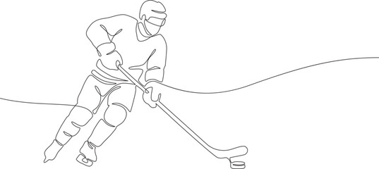 Ice hockey player in helmet skating with stick and puck. Continuous line vector illustration. Winter team sport and competition. Milano Cortina 2026 Winter Olympics sport concept