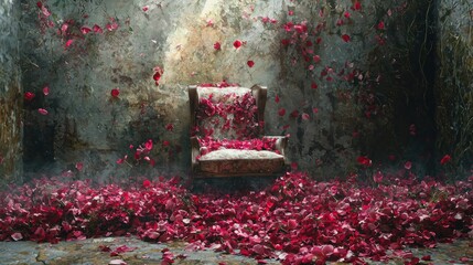 Abandoned chair covered in red rose petals in a desolate, rustic room.