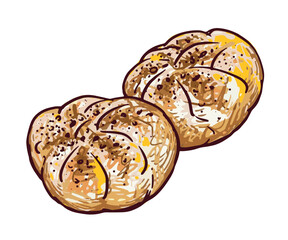 Buns two sweet soft fresh pastries, dessert, flour high-calorie tasty food, bakery, cafe, sketch, realistic hand drawing, vector illustration