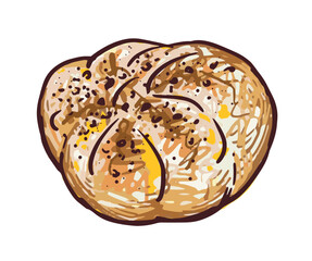 Bun one sweet soft fresh pastry, dessert, flour high-calorie tasty food, bakery, cafe, sketch, realistic hand drawing, vector illustration