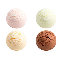 Set of four various ice cream balls or scoops