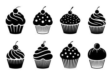 silhouette of delicious cupcakes with various toppings 