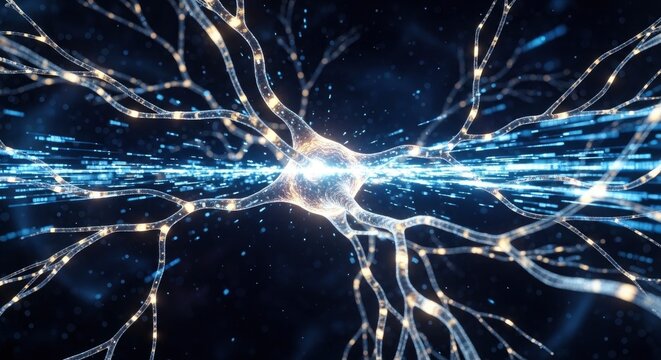 A luminous abstract cell structure with branching tendrils glows brightly surrounded by streams of digital light particles on a dark background