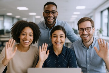 Diverse business team waving hello during a video conference in modern office, smiling at the camera