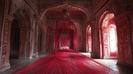 Red sandstone architecture interior with arches and pillars in India.