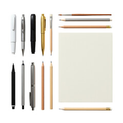 Meticulously detailed pens, pencils, paintbrush, and ivory art paper elegantly aligned on a clean transparent background, top-down flat lay. Concept of stationery professionalism