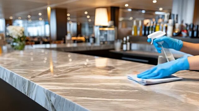 Hands are engaged in cleaning and sanitizing a marble countertop with a spray solution and cloth in a busy hospitality environment