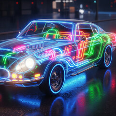Futuristic Neon Outline of a Classic Car with Visible Engine and Interior