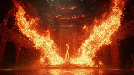 A Solitary Figure Stands Defiantly, Engulfed by Symmetrical Wings of Raging Fire.