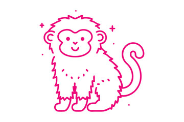 Pink monkey with fluffy fur sitting down on white background and smiling sweetly