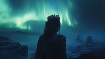 Silhouette of a Crowned Figure Under Breathtaking Aurora Borealis Display.