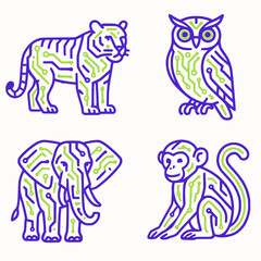 Fototapeta premium Cyber jungle animals with neon circuits in purple and lime two-color vector flat scalable white background