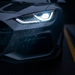 The powerful glowing headlight of a modern sports vehicle driving on a wet asphalt road during a rainy night