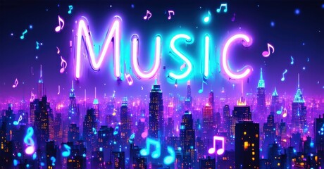 Neon sign spells MUSIC above vibrant city skyline. Musical notes float throughout purple, pink scene. Bright lights illuminate buildings.