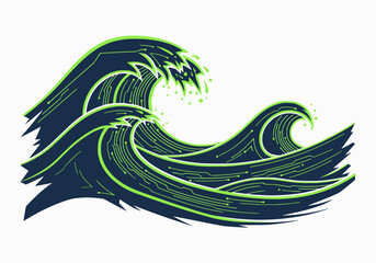 Cyber ocean waves with neon circuits in navy and lime two-color vector minimal white background