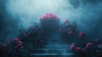 Enchanted Garden Throne Surrounded by Mystical Pink Roses and Ethereal Fog.