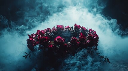 Ethereal Crown of Glowing Red Roses Veiled in Mystical Blue Smoke.