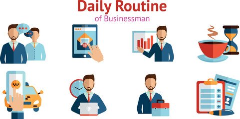 Fototapeta premium Vector set of businessman daily routine icons isolated on white background, work life activity symbol illustration