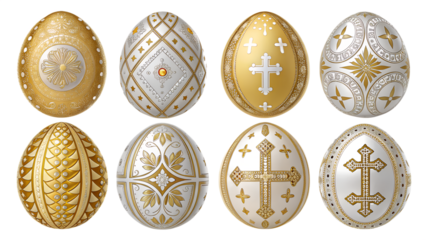 Luxury Gold Christian Easter Eggs PNG Set – Opulent Religious Eggs, Jesus & Cross Motifs, Metallic Gold & Silver, High-Resolution, Transparent Background