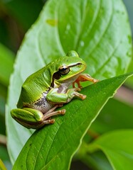 Naklejka premium Close-up of a vibrant green frog on a leaf
