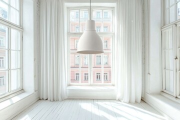 A sunlit room with large windows, sheer white curtains, and a minimalist pendant light, evokes a serene and airy atmosphere.