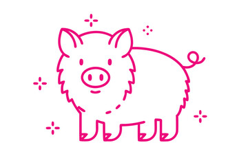 Pink outline drawing showcases a charming pig with a cute curly tail and stars