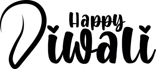 Celebrating Happy Diwali with elegant black lettering forming traditional festival wishes on white backdrop with hearts