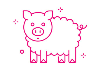 Pink outline of a cheerful pig with a curly tail stands out on white