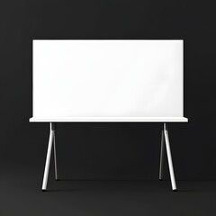A white screen with two silver metal legs, a black background, 