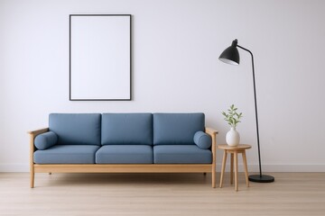 Modern Living Room Interior with Blue Sofa, Blank Frame, Lamp, and Minimalist Decor against White Wall