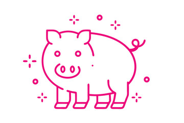 Pink outline of a cute pig is standing amidst festive sparkle icons