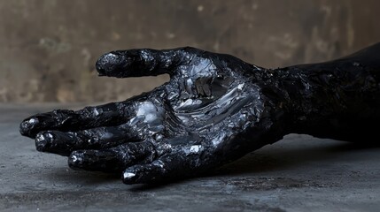 Close-up of a heavily oiled hand, dark and grimy, suggesting manual labor or industrial work.