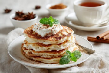 Homemade Pancakes stack filled with honey, Greek yogurt or whipped cream topped. Classic fluffy pancake heap on a plate, gray tablecloth. Light white tea set blurred background. Sweet breakfast
