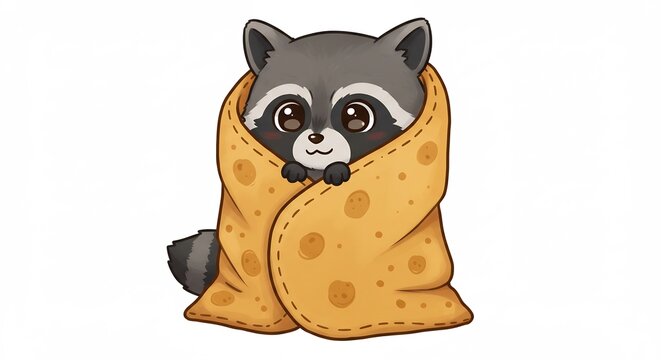 Adorable raton laveur blotti doux plaid jaune style kawaii. AI Generated