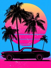 Vibrant Sunset Background With Palm Trees and a Retro Car Silhouette Against a Colorful Sky