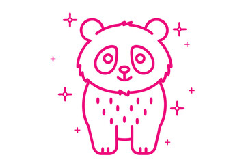 Pink outline style drawing shows adorable panda bear surrounded by sparkling cross shapes