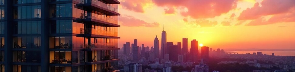Fototapeta premium Sleek modern glass condominium building reflecting city skyline at sunset Luxury high-rise apartments, architectural details, urban living, sunset glow , residential building, condominium, downtown