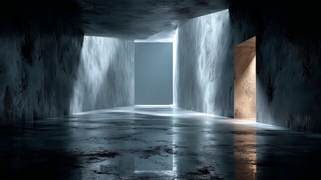 Minimalist Concrete Interior with Window Light, Cinematic 24mm Wide Angle Rendering in Architectural Visualization