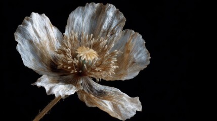 Close-up of a flower, specifically a poppy. the flower is in full bloom, with its petals spread out in a fan-like shape. the petals are a pale grey color, with a hint of brown on the edges.