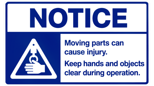 Moving parts injury notice ensures workplace safety and accident prevention for machine operation