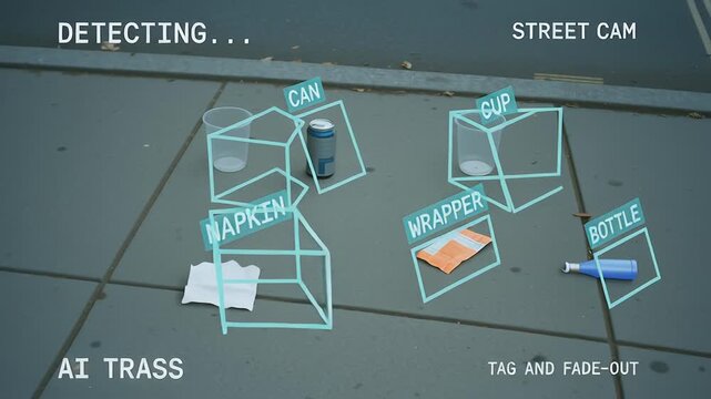 AI detection for social impact identifies trash items like can cup bottle wrapper napkin on street pavement using smart technology system
