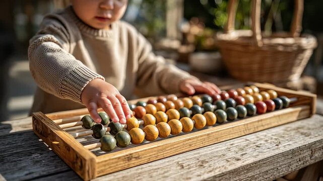 A young child plays with a wooden abacus, learning early math skills through hands-on education on a sunny day in an outdoor classroom.