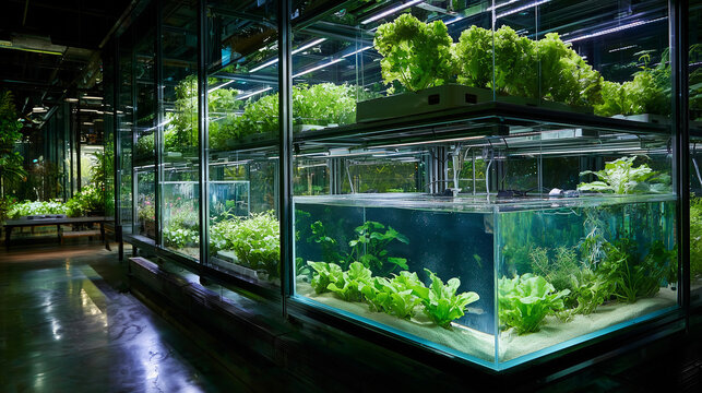 A beautiful and efficient indoor aquaponics system, representing the future of sustainable urban farming.