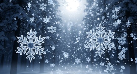 Snowfall in Winter Forest.