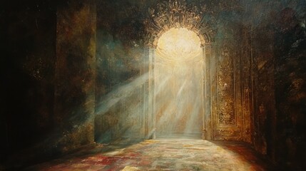 Mystical Light Portal in a Dark, Ornate Chamber.