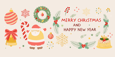 Merry christmas and happy new year greeting with festive holiday elements and santa claus illustration